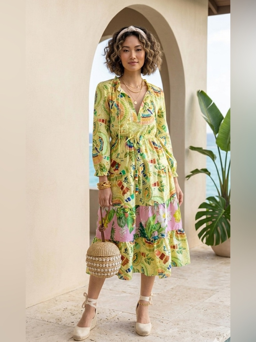 Farm Rio / Tiered Mixed Print Midi Dress in Lemon & Pink - Sz L